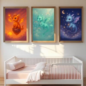 Nursery Wall Art Baby Dragon Prints – Cute Fantasy Dragon Artwork for Kids Room Decor with Moon, Rainbow, Sunset,A4 & 8x10” Digital Download