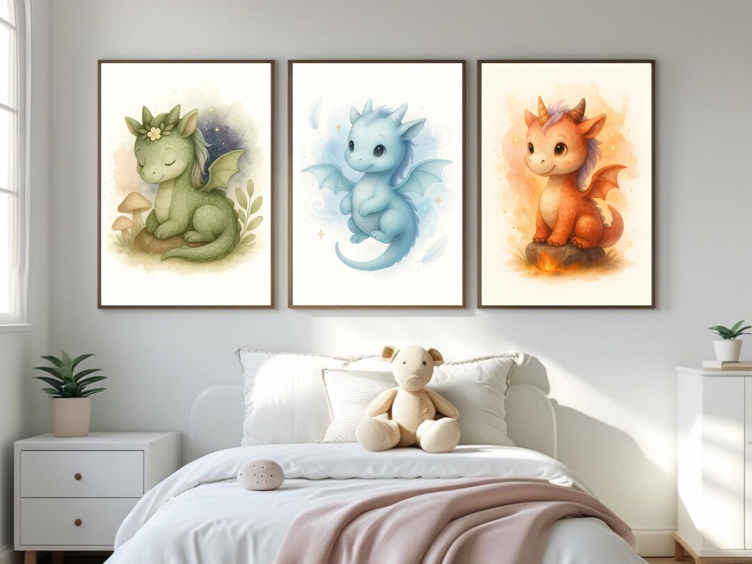 Baby Dragon Nursery Wall Art Set of 3 – Watercolor Fantasy Prints (blue ...