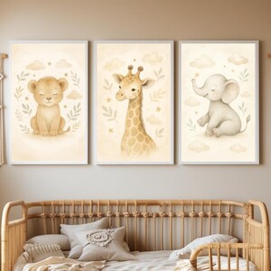 Safari Baby Animals Nursery Prints – Elephant, Lion and Giraffe Watercolor Wall Art, Neutral Boho Kids Decor, A4 & 8x10 Digital Download