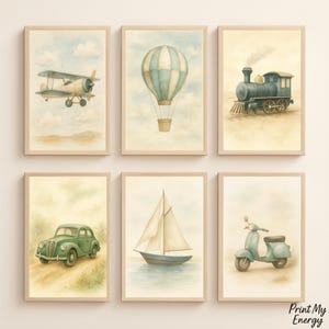 Nursery Wall Art Vintage Transport Nursery Prints: Watercolor Airplane, Train, Car - Set of 6, A4 x 8x10'' Digital Download
