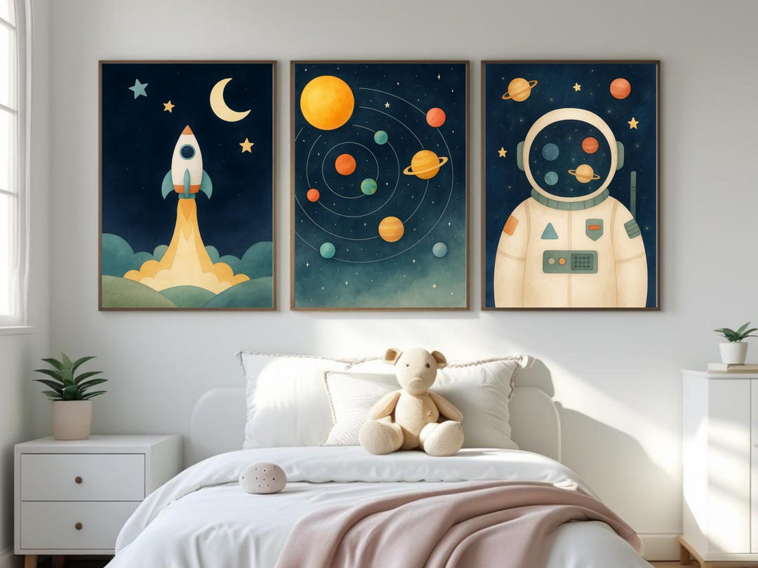 Space Nursery Wall Art Set of 3 – Watercolor Solar System, Astronaut ...