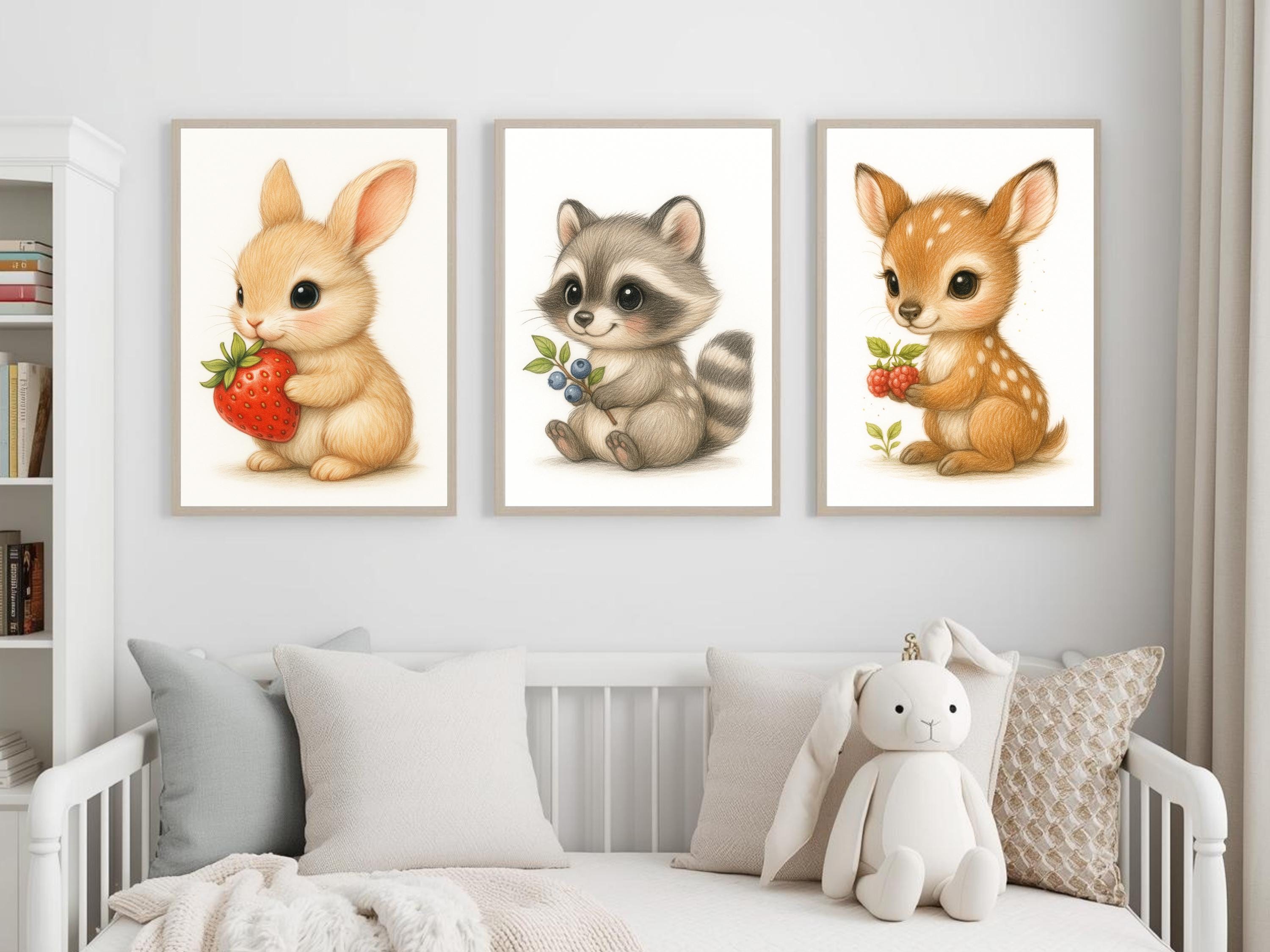 Woodland Baby Animals Nursery Wall Art Set of 3 – Cute Raccoon, Fawn ...