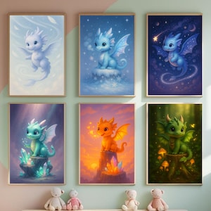 Nursery Wall Art Baby Dragon Prints – Cute Fantasy Creature Room Decor – A4 & 8x10” Digital Download