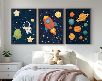 Space Nursery Wall Art Set Of 3 – Cute Rocket, Planets & Astronaut (Kawaii Galaxy Night Sky) | Digital Download Multi-Size
