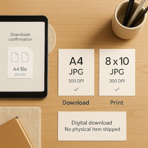 May include: A digital download confirmation screen on a tablet, with a file icon and text that reads "A4 file 300 DPI." Beside it are two cards: one labeled "A4 JPG 300 DPI" and the other "8 x 10 JPG 300 DPI." The text "Download" and "Print" are below the cards.
