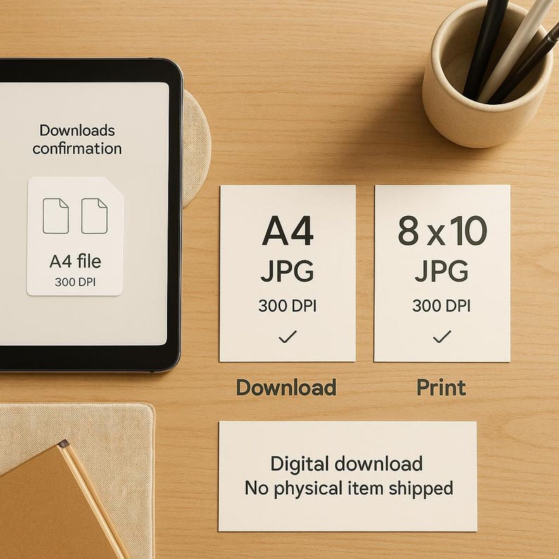 May include: A digital download confirmation screen on a tablet, with a file icon and text that reads "A4 file 300 DPI." Beside it are two cards: one labeled "A4 JPG 300 DPI" and the other "8 x 10 JPG 300 DPI." The text "Download" and "Print" are below the cards.