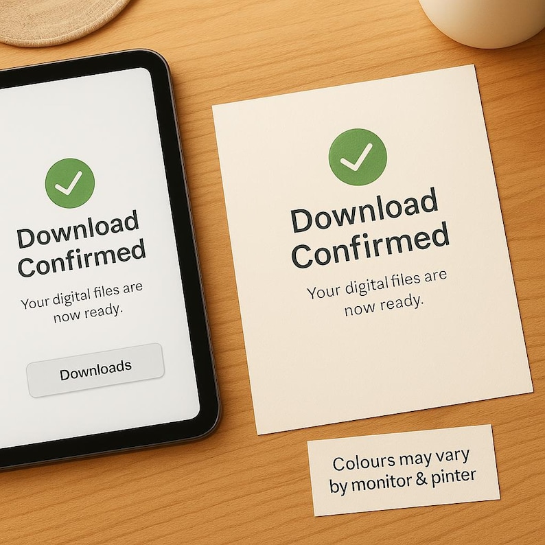 May include: A digital tablet and a card display the text "Download Confirmed" with a green checkmark. The text "Your digital files are now ready" is also visible. A small card states "Colours may vary by monitor & pinter."