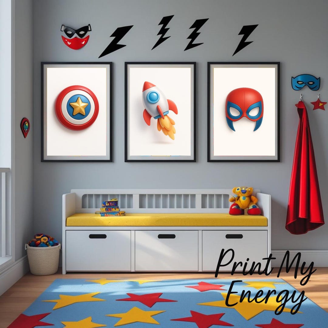 Superhero Nursery Wall Art, Rocket, Shield, Mask Prints (digital ...