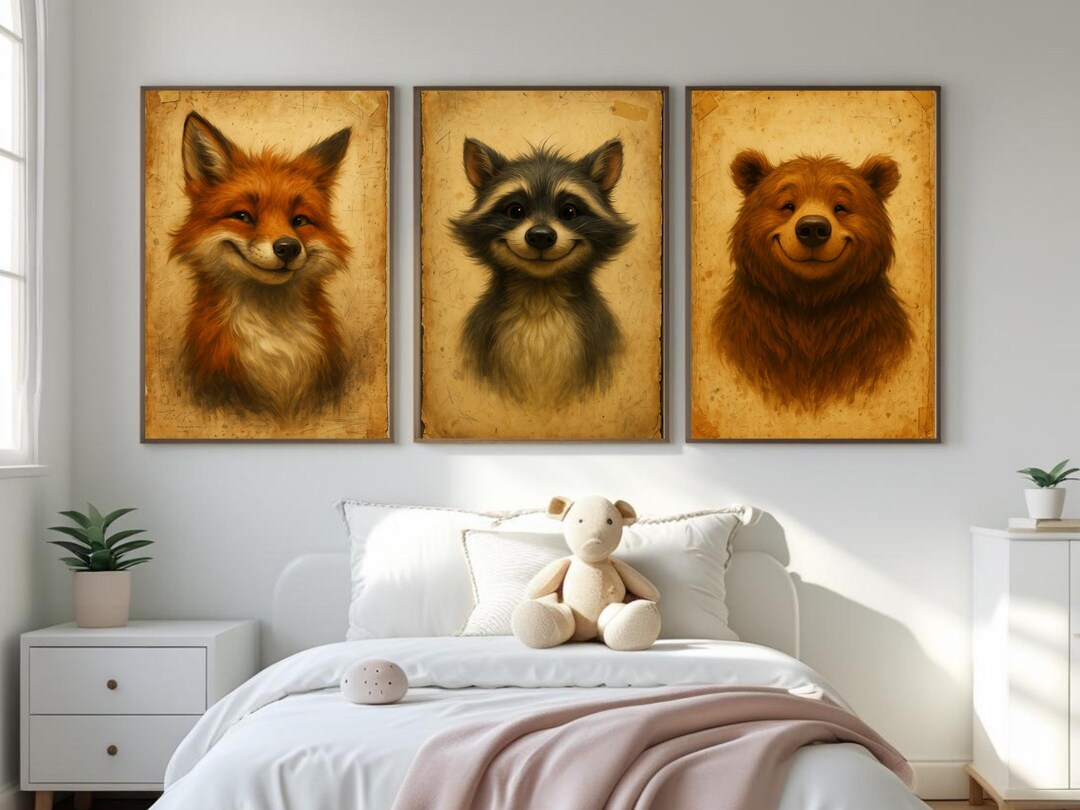 Vintage Woodland Animal Prints Set of 3 – Raccoon Bear Fox Portraits ...