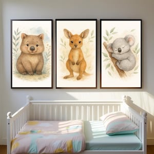 Nursery Wall Art Watercolor Australian Animal Prints: Koala, Kangaroo, Wombat (Digital Download A4/8x10&quot;)