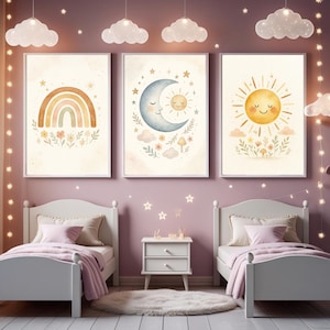 Nursery Wall Art Sun Moon Rainbow Nursery Print Set: Boho Watercolor Wall Art (Digital Download A4 & 8x10&quot;)