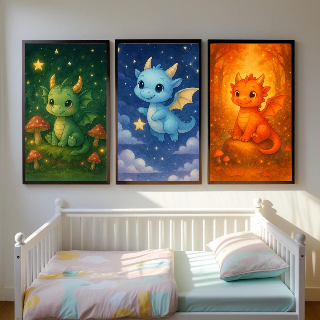 Baby Dragon Nursery Set of 3 – Cute Fantasy Dragons With Stars and ...