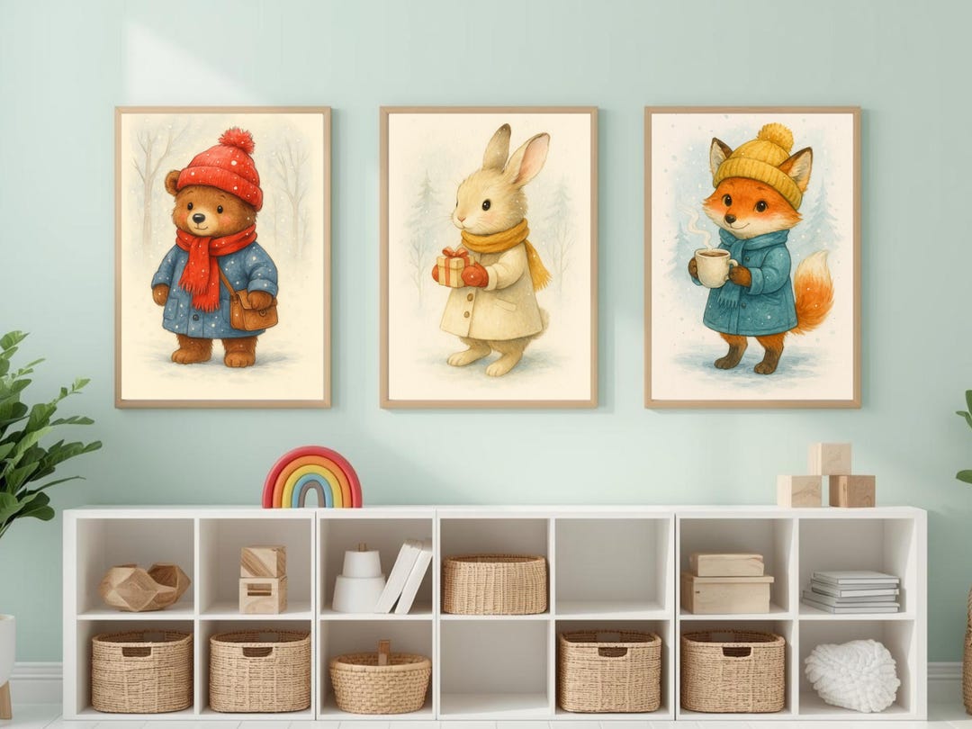 Winter Nursery Wall Art Set of 3 – Cozy Watercolor Woodland Animals ...