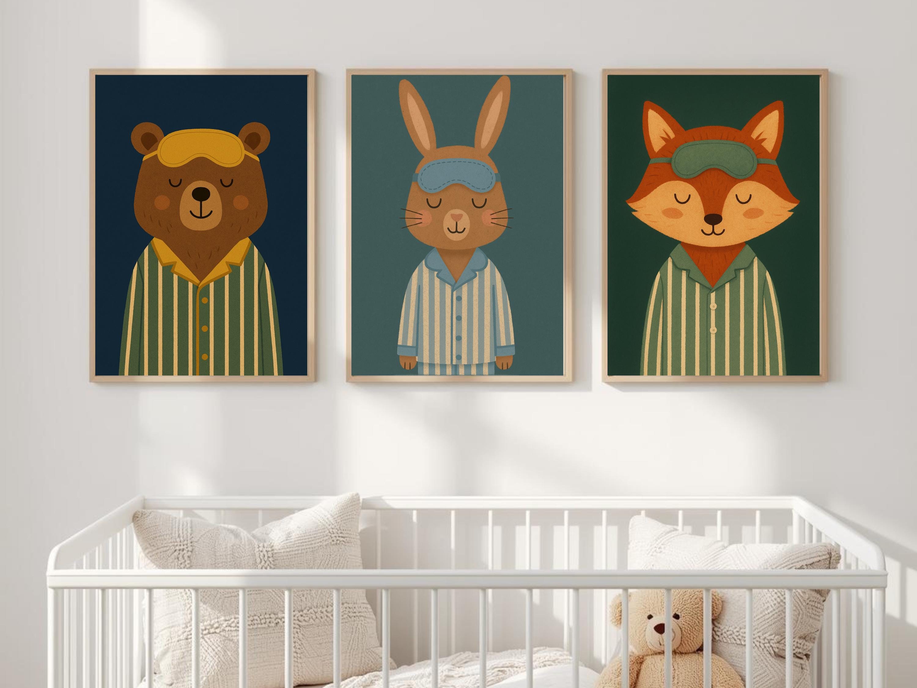Sleepy Animals in Pajamas Wall Art Set of 3 | Bunny Fox Bear Prints ...