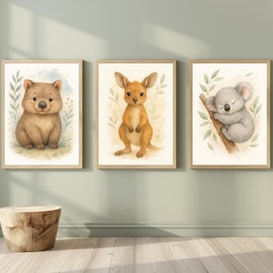 Australian Baby Animal Trio – Kangaroo, Koala and Wombat Nursery Wall Art Prints, Watercolor Kids Room Decor, Multi-Size Digital Download