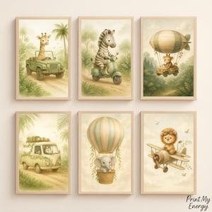 Safari Adventure Nursery Prints – Set of 6 Jungle Animal Wall Art, Safari Baby Room Decor, Boys Room, Digital Download