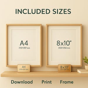 May include: Two framed prints, one labeled "A4" (8.3 x 11.7 inches) and the other "8x10" (8 x 10 inches), are displayed on a wooden shelf. The text "INCLUDED SIZES" is at the top, with "Download Print Frame" at the bottom.