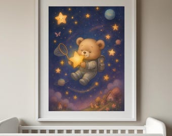 Nursery Wall Art Teddy Bear Astronaut Nursery Print: Whimsical Space Art (Digital Download A4/8x10&quot;)