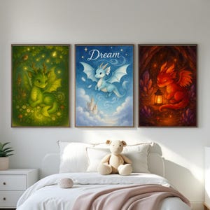 Magical Baby Dragon Nursery Wall Art Set – Cute Watercolor Fantasy Prints for Kids Room or Playroom | Digital Download | A4 & 8x10”
