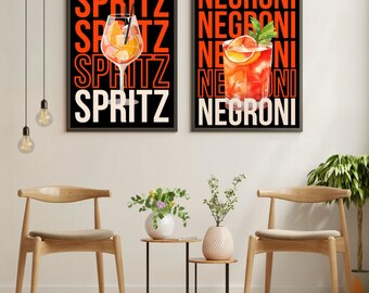 Negroni & Aperol Spritz Poster – Modern Digital Art Print | Italian Cocktail Kitchen Decor