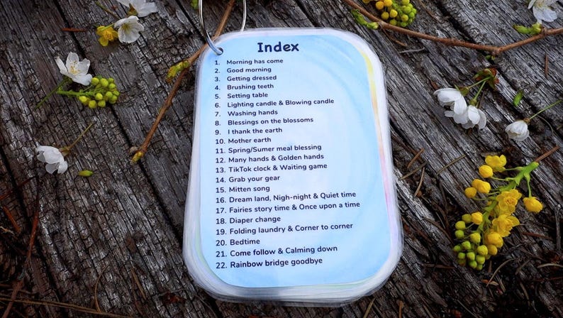 May include: A blue and white laminated card with the word "Index" at the top. The card lists 22 activities with corresponding numbers. The card is lying on a wooden surface with flowers.