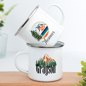 Camp Mug Gift for Dad, Camping Name Mugs, Enamel Camping Mug, Custom Coffee Cup, Outdoor Camping Mug, Camper Gift, Gift for him
