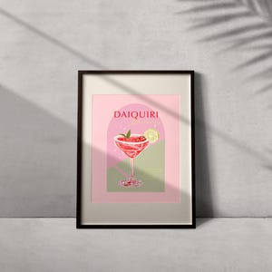 Póster de cóctel Daiquiri de fresa/Tarjetas de recetas/Impresión digital de arte mural de cócteles/Bebida alcohólica de verano/Decoración de cocina/Arte mural de bar/