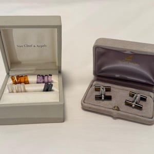 Vintage Van Cleef Arpels 18k White Gold Gemstone Batonnet Cufflink Set (Box Papers)