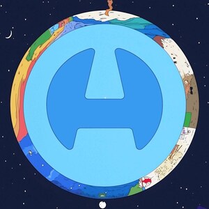 May include: A blue circle with a stylized letter "A" inside, surrounded by a colorful ring depicting a stylized world with mountains, water, and land. The background is a dark blue with white stars.