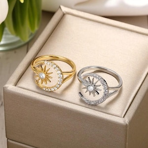 Sun and Moon Ring: Stainless Steel Adjustable Zircon Ring