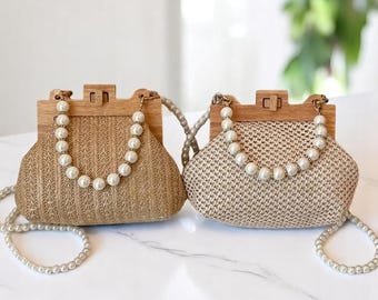 Cross Body Purse, Crossbody Bag, Handmade Straw Bag, Wooden Top Handle, Ladies Handbag, Purse for Women, Mother&#39;s Day, Birthday Gift