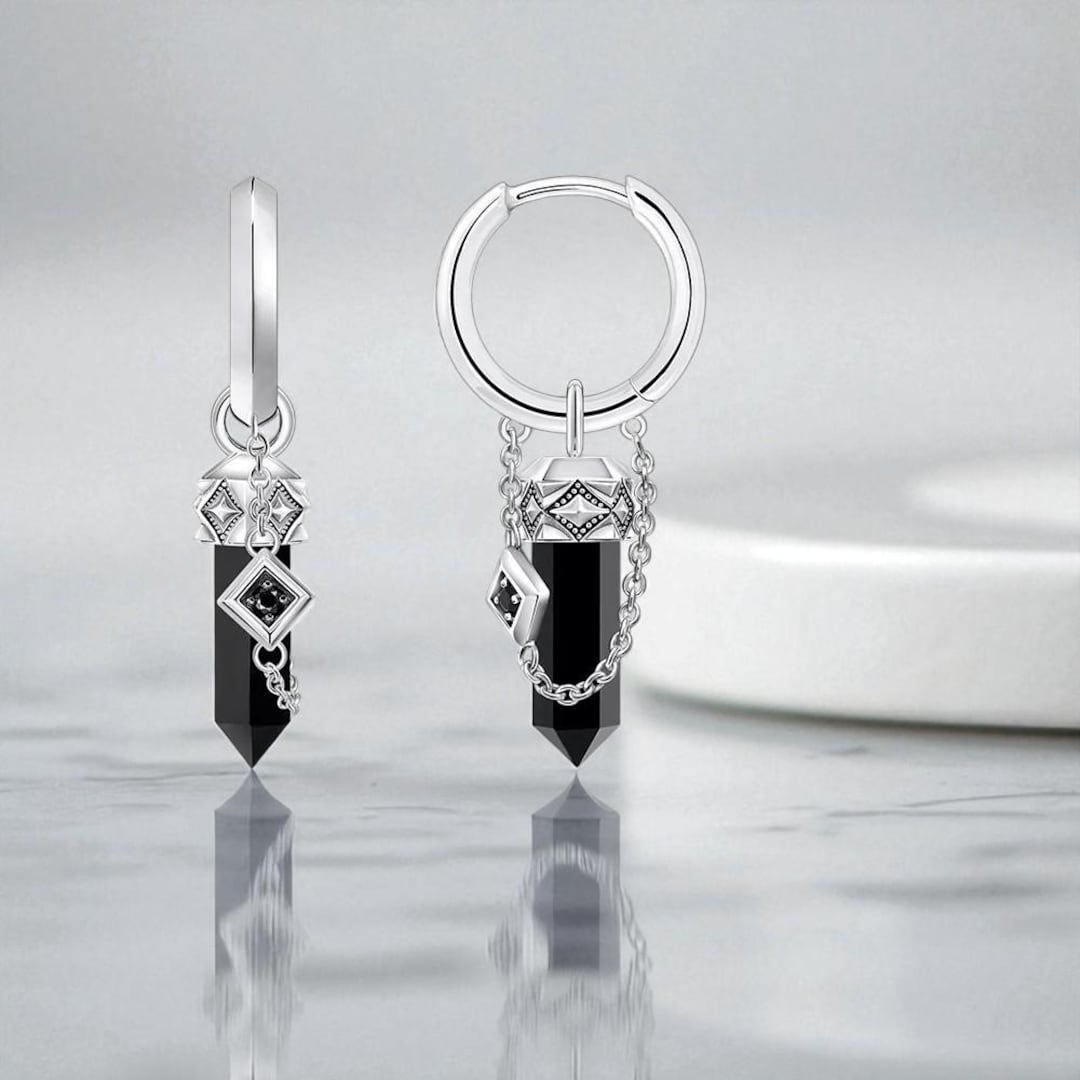 フープイヤリング、ブラックオニキスストーンイヤリング、925スターリングシルバー - Etsy 日本