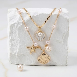 Aquamarine Layered Necklace Set: Starfish, Shell & Simulated Pearls