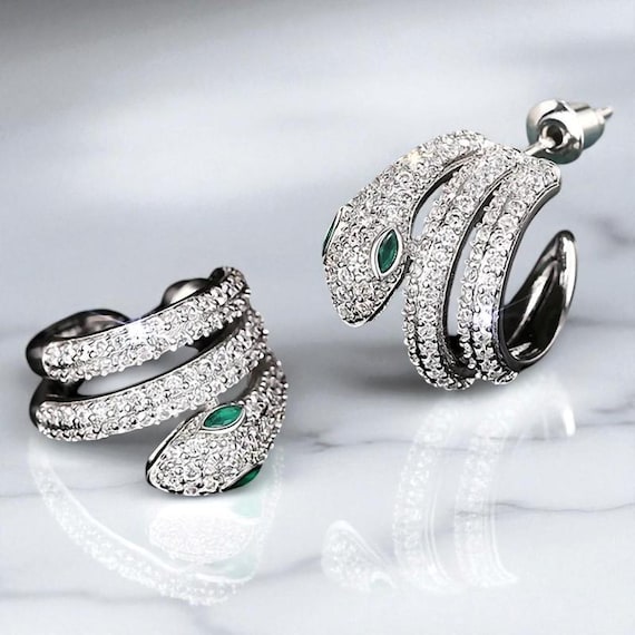 Moissanite Snake Stud Earrings: Sterling Silver, Green Crystal Reptile Jewelry