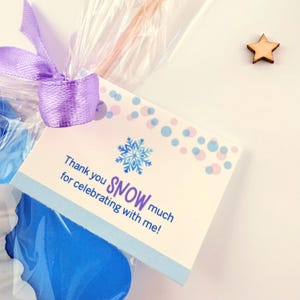 May include: A blue and white favor bag with a purple ribbon and a thank you tag that says "Thank you SNOW much for celebrating with me!" The tag has a snowflake design and blue and pink polka dots.