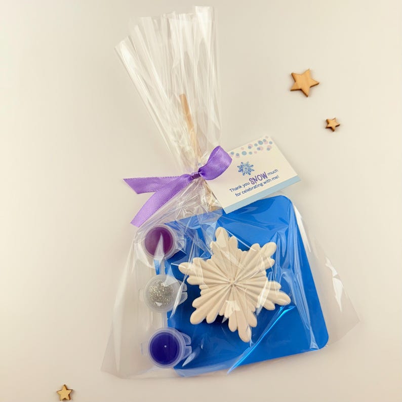 May include: A clear plastic bag filled with a snowflake craft kit. The kit includes a white snowflake, blue paint, purple paint, glitter, and a wooden stick. The bag is tied with a purple ribbon and has a tag that says "Thank you SNOW much for celebrating with me!"