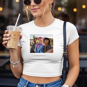 Personalized Photo Crop Top, Custom Picture Women’s Fitted Tee, Add Your Image Short Sleeve Shirt, Unique Baby Tee Gift for Her