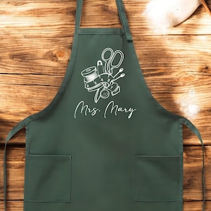 Personalized Sewing Apron: Green Cotton-Poly Blend, Custom Name