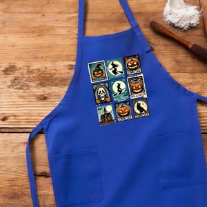 Halloween Stamp Apron, Retro Vintage Spooky Kitchen Apron with Pockets, Witch Ghost Pumpkin Cooking Apron, Fun Halloween Gift