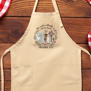 Proverbs 31:13 Apron, She Works Willingly Apron, Bible Verse Kitchen Apron