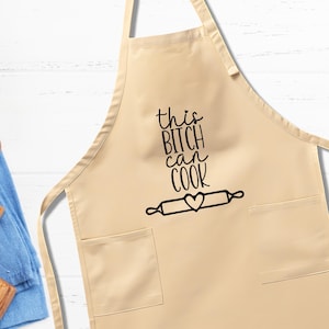 Funny Linen Kitchen Apron With Pocket, This Bitch Can Cook Apron, Funny Cooking Gift For Women And Men, Chef Apron, Gift For Home Cooks