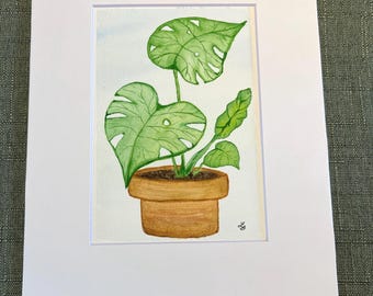 Pintura de acuarela original de una planta de interior Monstera en maceta pintada a mano, arte de pared