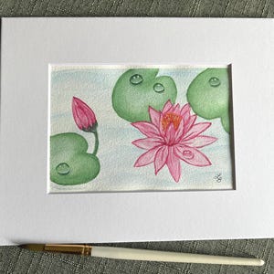 Aquarelle originale peinte à la main rose nénuphars lotus