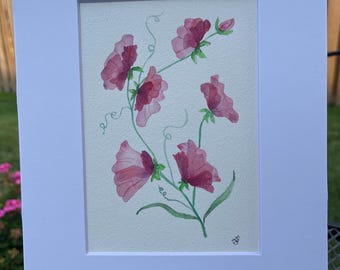 花瓶に入ったスイートピーの花の水彩画 9x12、紙に手描きされた