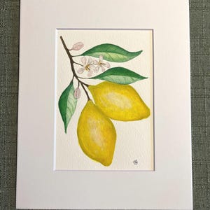 Original Hand-Painted Yellow Lemon Branch and Floral Watercolor Painting Wall Art