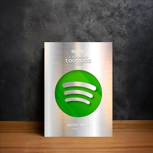 May include: A silver plaque with the Spotify logo, a green circle with three white curved lines. The plaque reads "Spotify In Recognition of 1,000,000 Streams" and has space for the artist name and song title. The plaque is on a wooden surface.