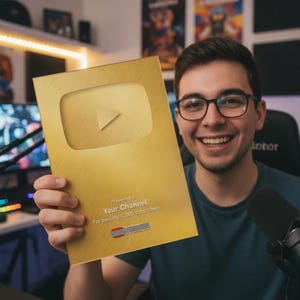 Könnte beinhalten: Eine rechteckige goldfarbene YouTube-Creator-Auszeichnung mit einem erhabenen YouTube-Play-Button-Symbol in der Mitte. Der Text lautet: Presented to Your Channel For passing 10,000 subscribers. Die Plakette hat eine gebürstete Metalloberfläche.
