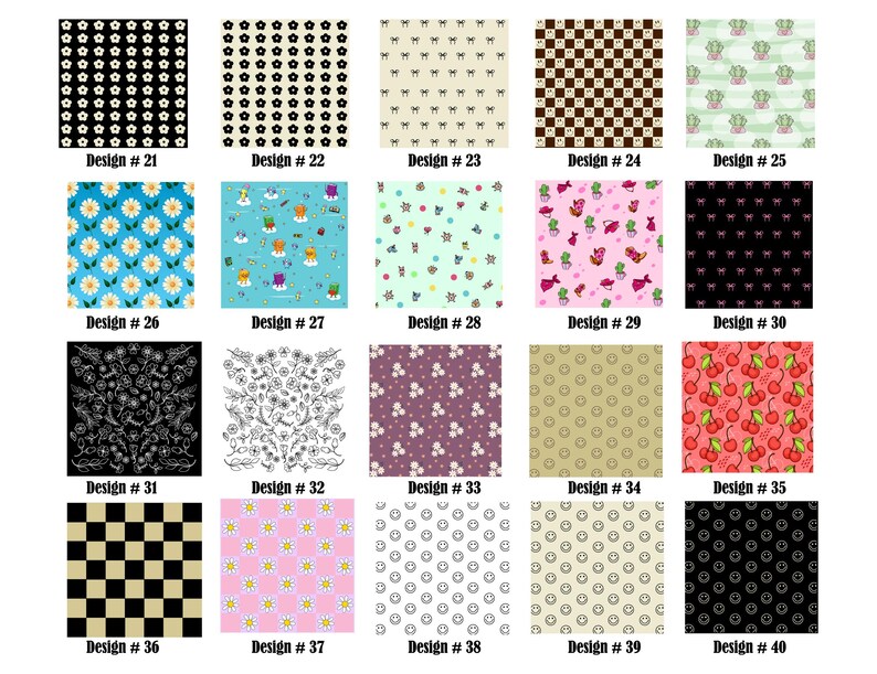 May include: A collection of 40 different patterns, including floral, geometric, and abstract designs. The patterns are displayed in a grid format with a number and the word "Design" next to each pattern.