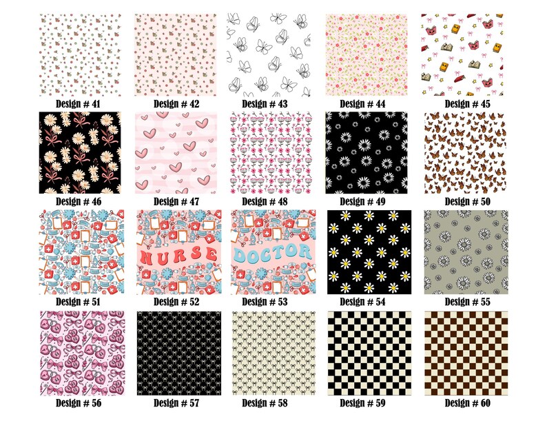 May include: A collection of 20 different digital designs featuring various patterns, including floral, geometric, and text-based designs. The designs are numbered from 41 to 60.
