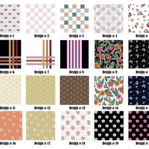 May include: Twenty different patterns for fabric, wallpaper, or other design projects. The patterns include a variety of colors, shapes, and styles, including geometric, floral, and abstract.